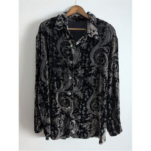Vintage Velvet Metallic Silver Black Button down shirt women Sz XL Quiet luxury